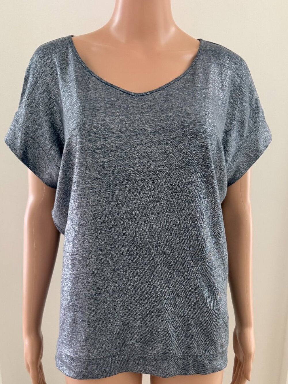 Eileen Fisher Metallic Linen Stretch Blouse Size XS Dolman Sleeve Silver Shiny